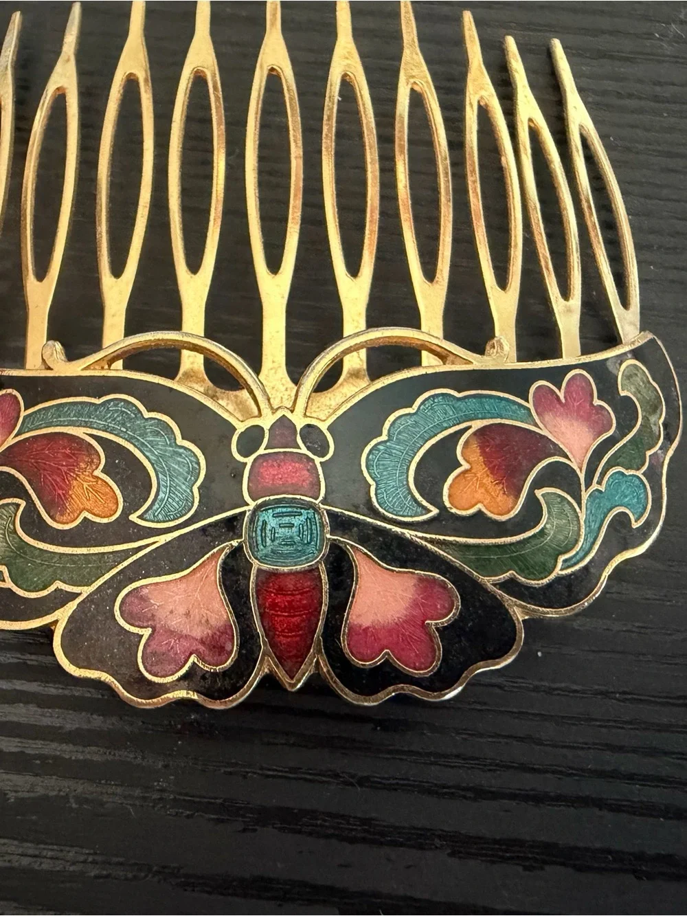 Vintage Cloisonné Gold tone butterfly Enamel Hair Comb